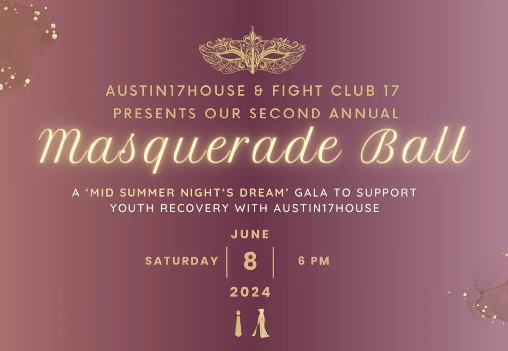 An image of an invitation to the Masquerade Ball at Austin17House on Saturday, June 8th.